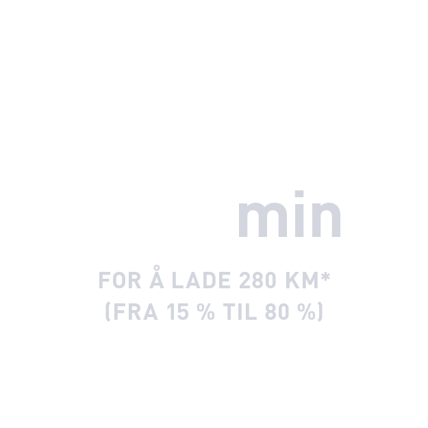 20 min for å lade 280 km (fra 15 % til 80 %)