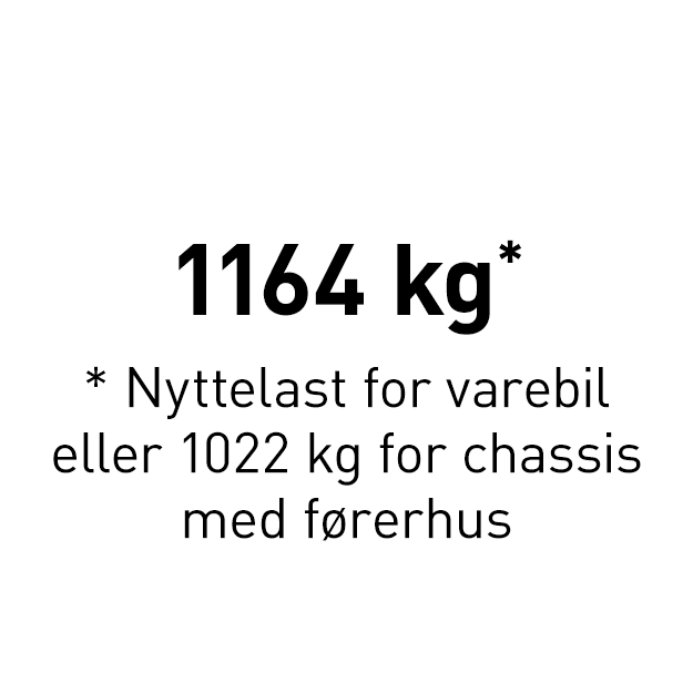 1164 kg nyttelast for varebil eller 1022 kg for chassis med førerhus