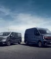 Renault Trucks Red Edition Exclusive range - Renault Trucks Trafic and Renault Trucks Master in front of a construction site backdrop on one side and a city backdrop on the other.